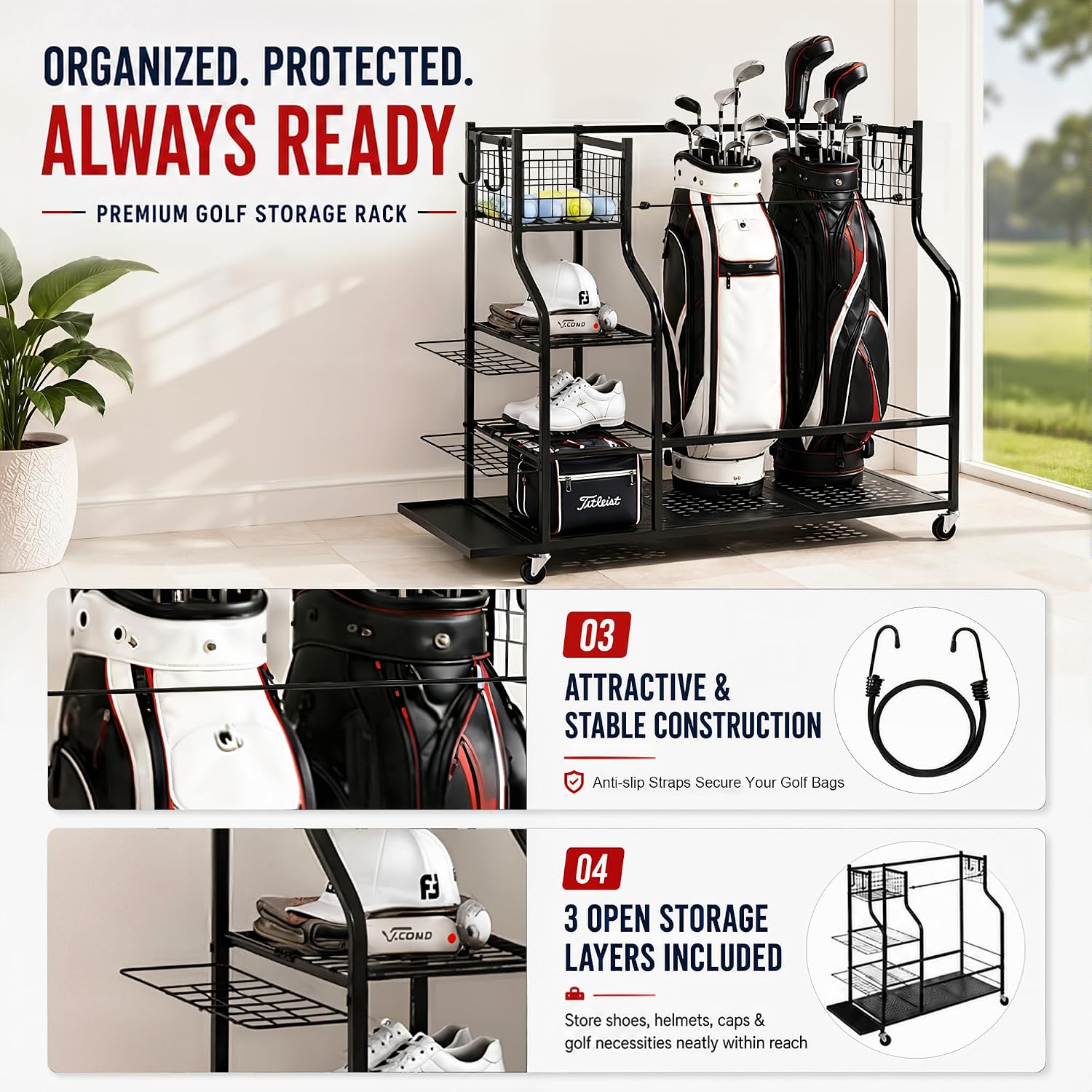 캐스터 휠이 있는 차고용 헤비듀티 골프백 보관 랙, 대 - Golf Equipment Garage Organizer 리뷰 및 가격